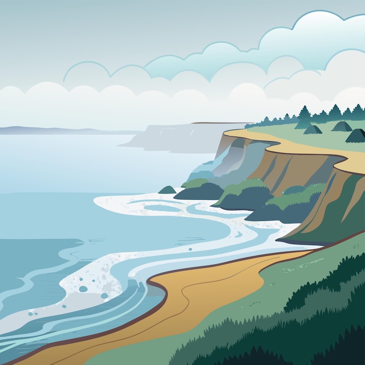 Vector a painting of a beach with a view of the ocean and the ocean