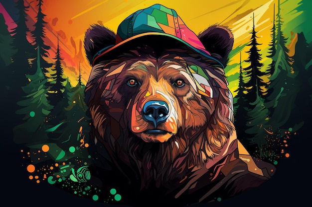 A painting of a bear wearing a hat