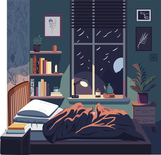 Vector a painting of a bedroom with a bookcase and a bookcase with a picture of a person sleeping on it.