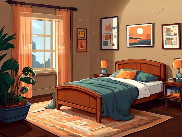 a painting of a bedroom with a plant in a pot on the floor