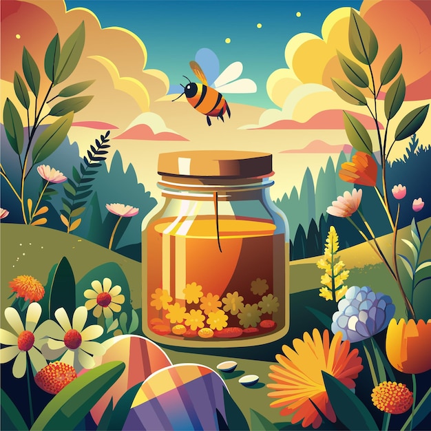 Vector a painting of a bee and a jar of honey