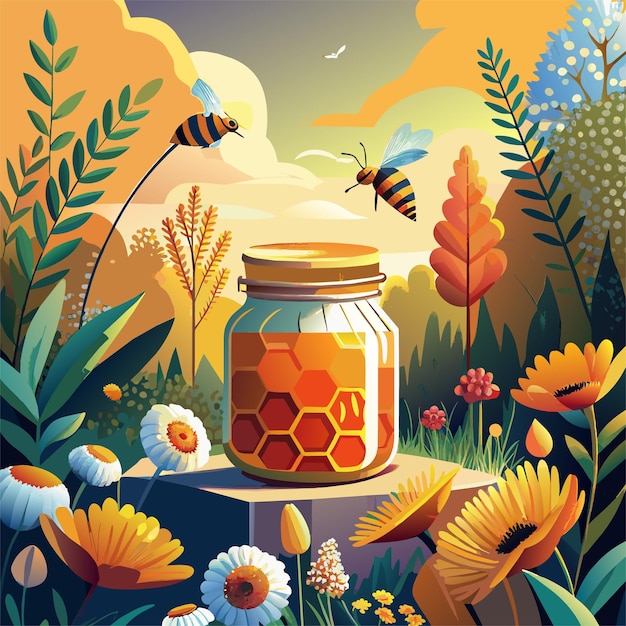 A painting of a beehive with bees and flowers