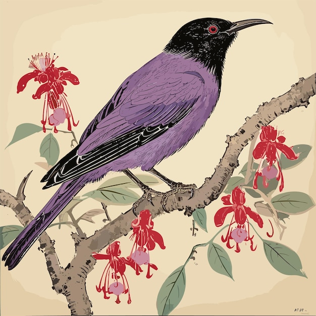 Vector painting of bird sitting on a branch of a tree beautibul bird illustration