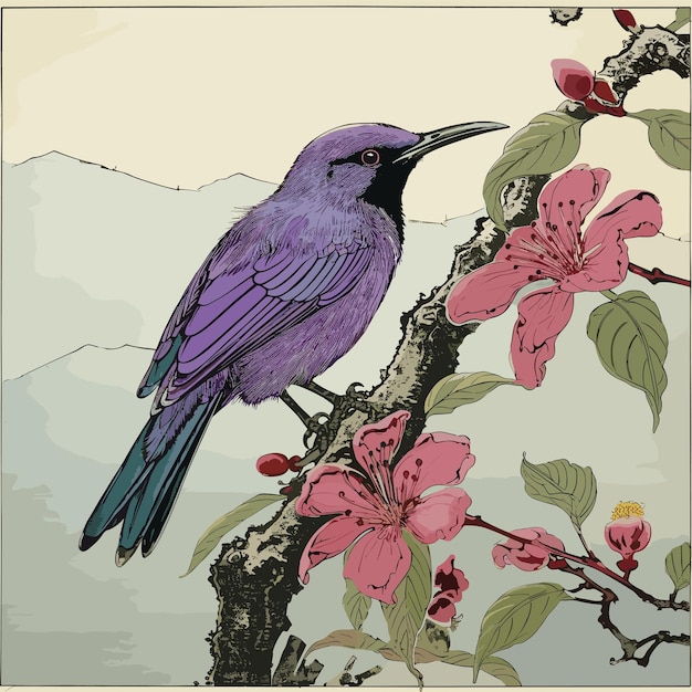 Vettore dipinto di un uccello seduto su un ramo di un albero beautibul illustrazione di uccelli
