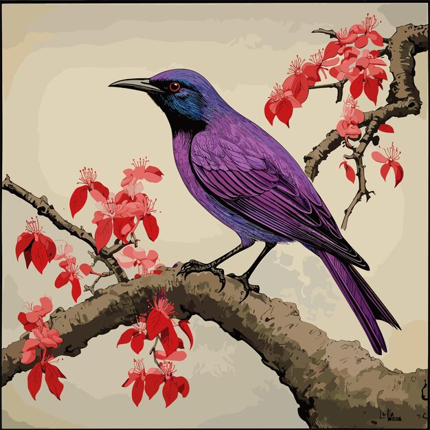 Vettore dipinto di un uccello seduto su un ramo di un albero beautibul illustrazione di uccelli
