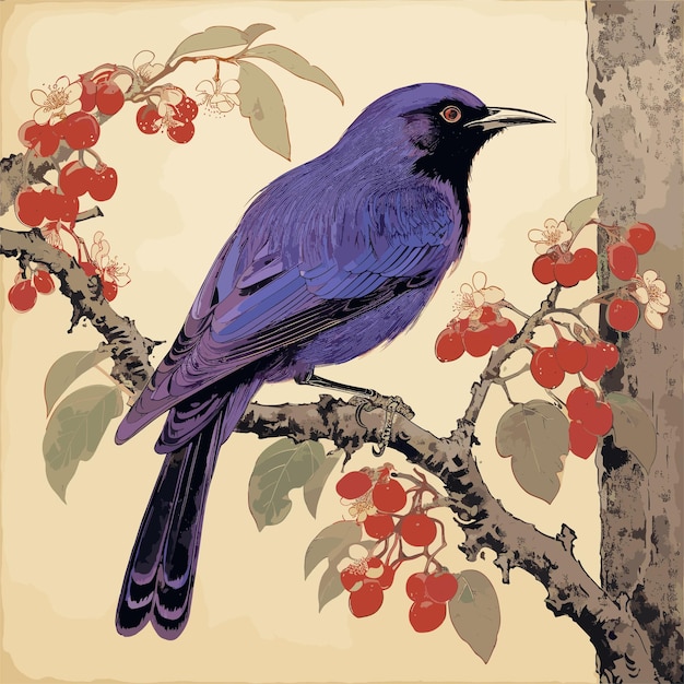 Vector painting of bird sitting on a branch of a tree beautibul bird illustration