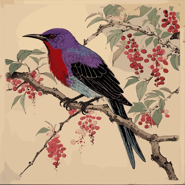 Vector painting of bird sitting on a branch of a tree beautibul bird illustration