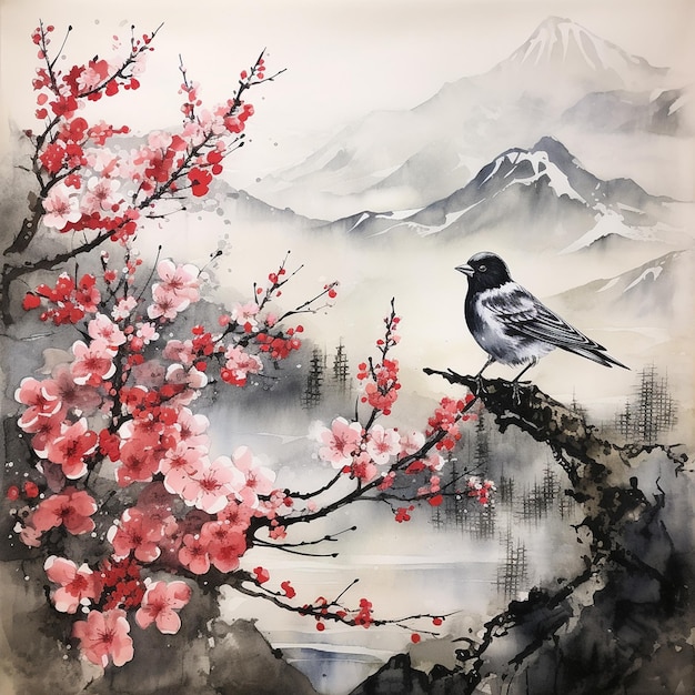 a painting of a bird on a tree with a bird on it