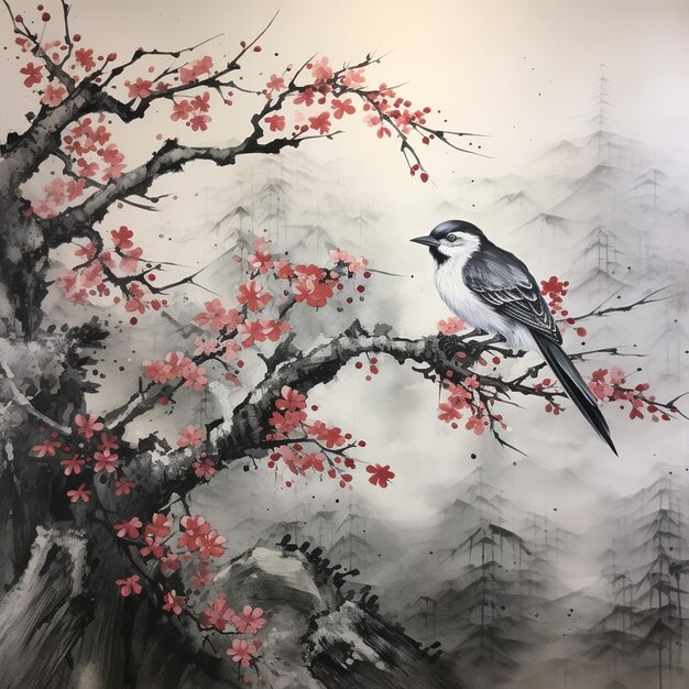 Vector a painting of a bird and a tree with pink flowers