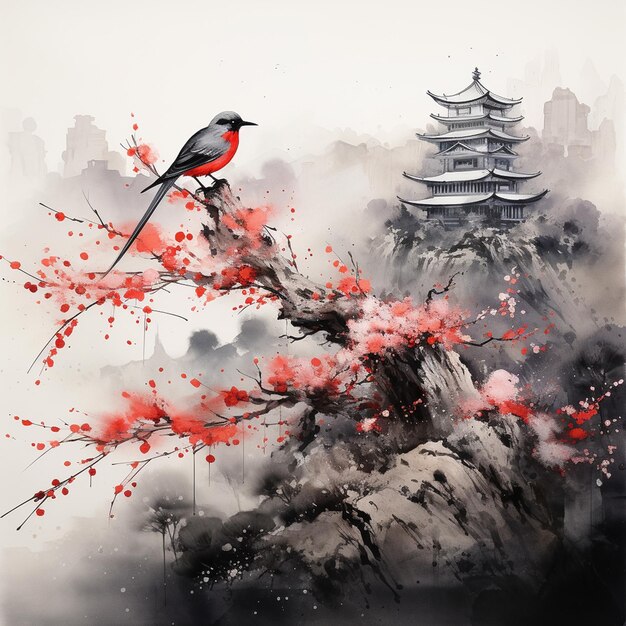 a painting of a bird with red feathers on it