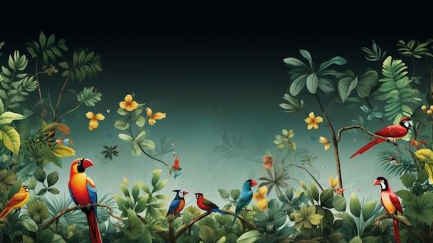 Vector a painting of birds in a garden with flowers and plants