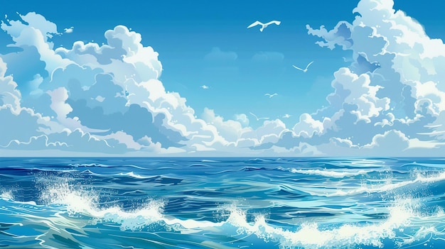 A painting of a blue ocean with white clouds