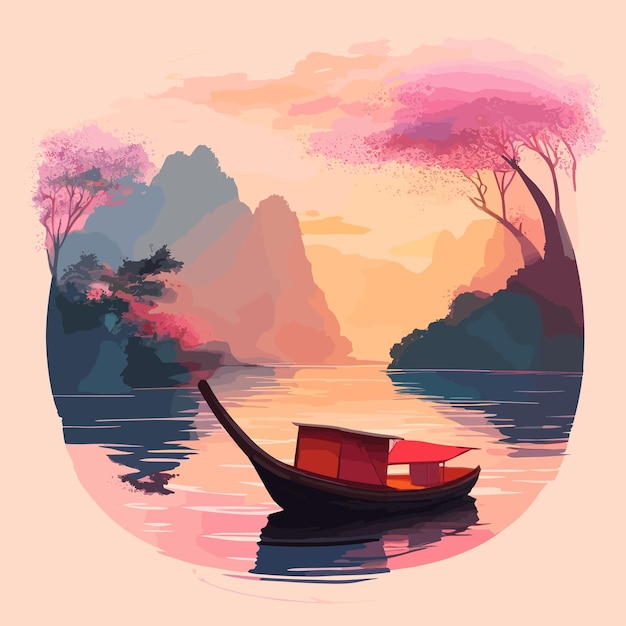 A painting of a boat on a river with a pink and orange background.
