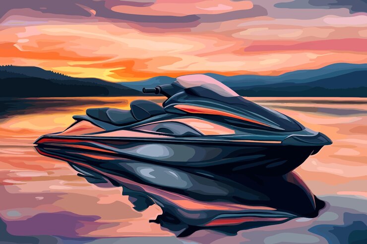 Vector a painting of a boat with a sunset in the background