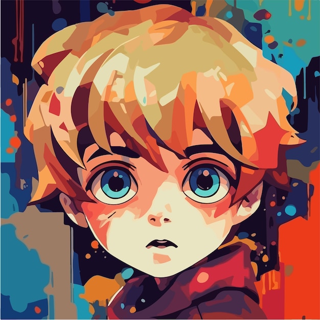 A painting of a boy with big blue eyes.