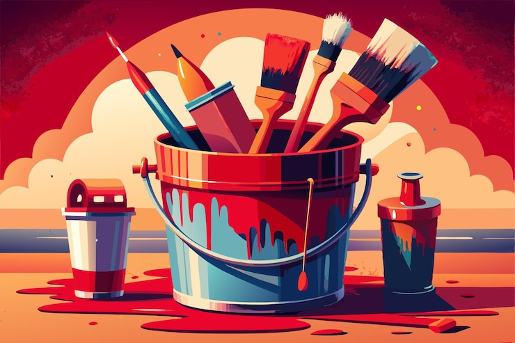 Vector a painting of a bucket of paint brushes