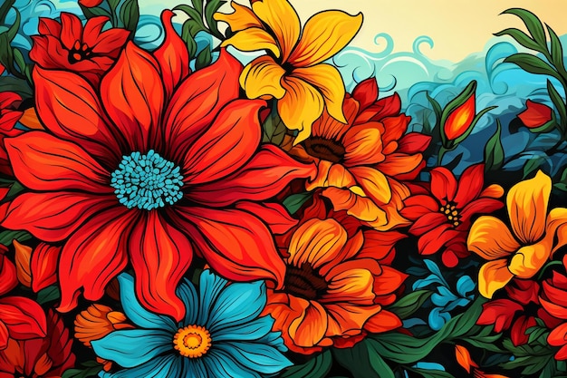 A painting of a bunch of colorful flowers