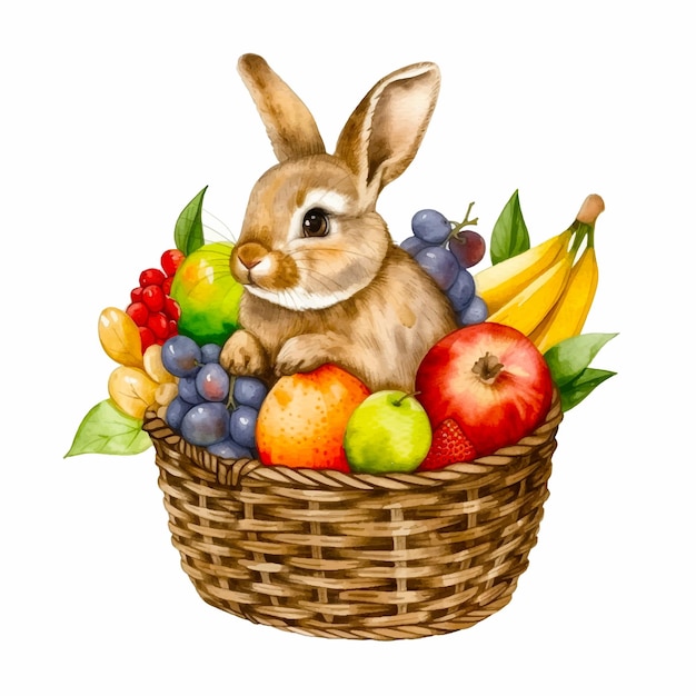 Painting of a bunny inside a basket of fruit