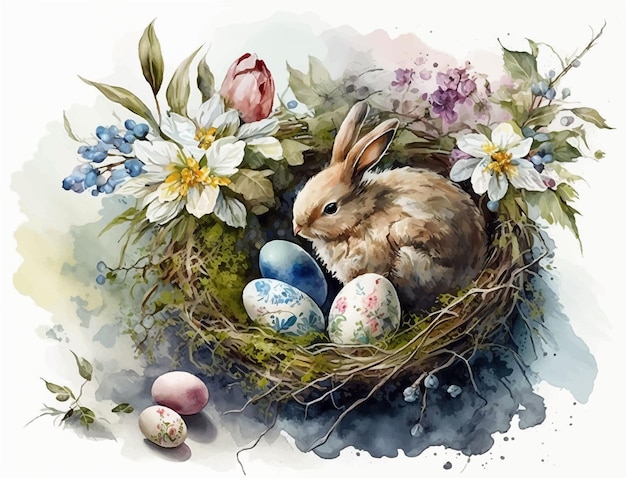 A painting of a bunny in a nest with flowers