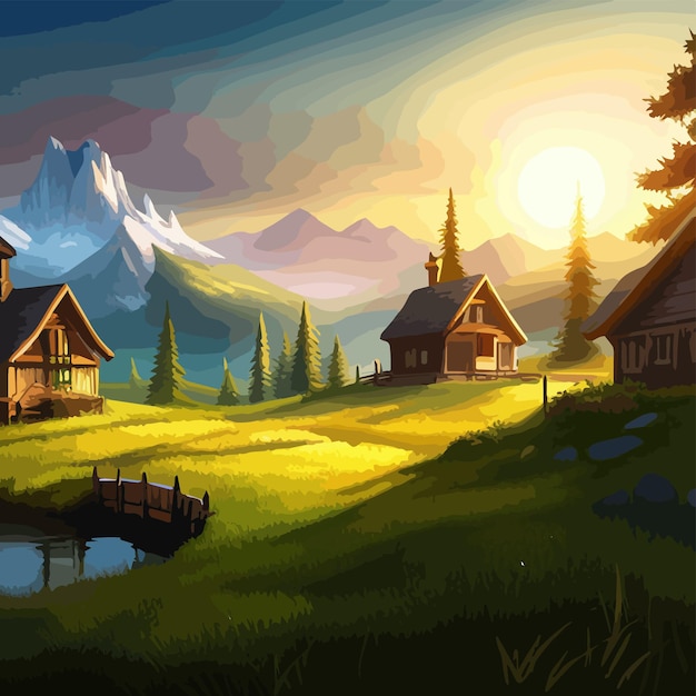 Vector a painting of a cabin on a green meadow with a coniferous forest with mountains in the background