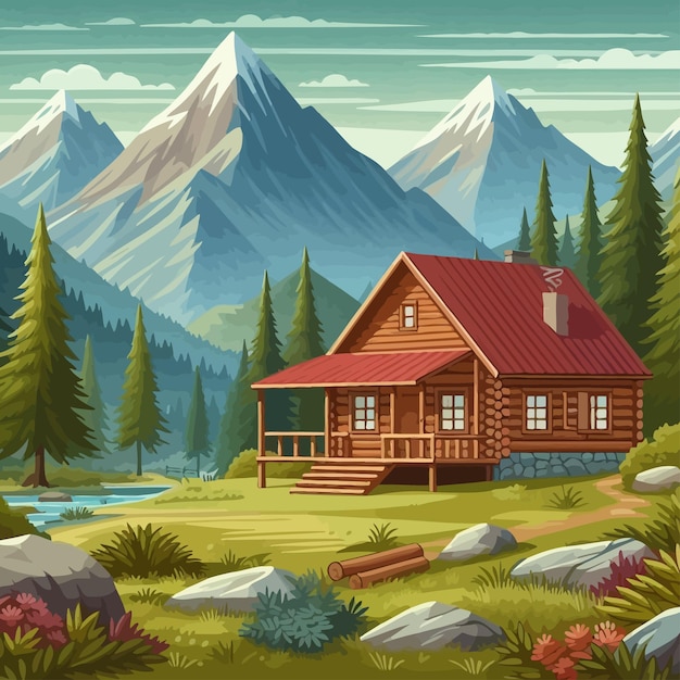 a painting of a cabin with a mountain in the background