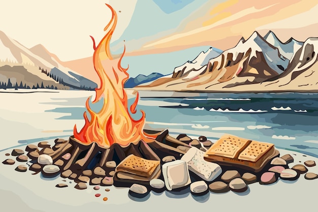 A painting of a campfire with marshmallows and marshmallows next to it.