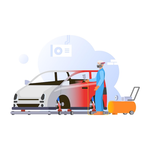 Vector painting car with spray gun in flat design