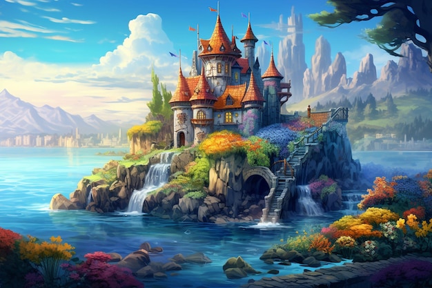 painting of a castle by the ocean Beautiful picture of castle Castle in high mountains with clouds