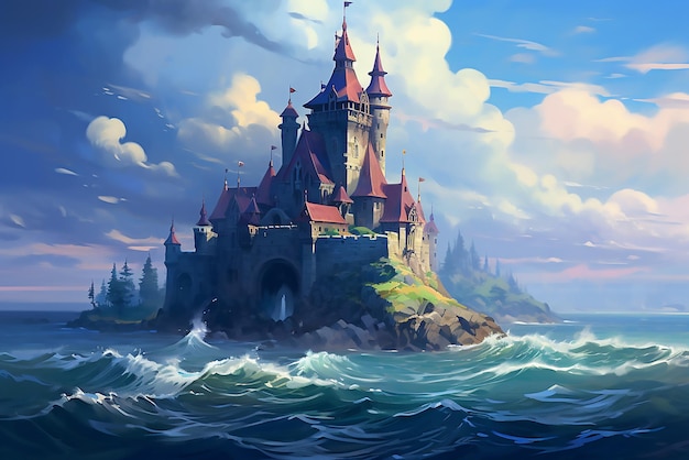A painting of a castle by the ocean Beautiful picture of castle
