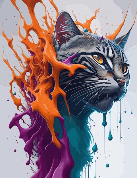 A painting of a cat with orange and purple paint on it