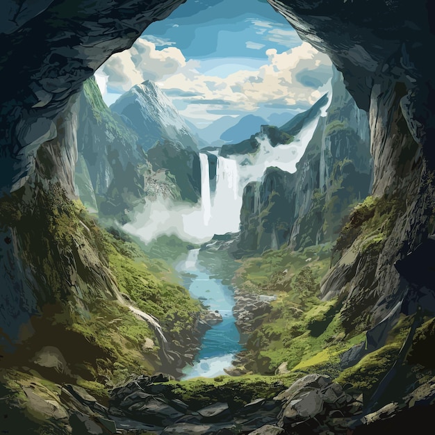 A painting of a cave with a waterfall in the background