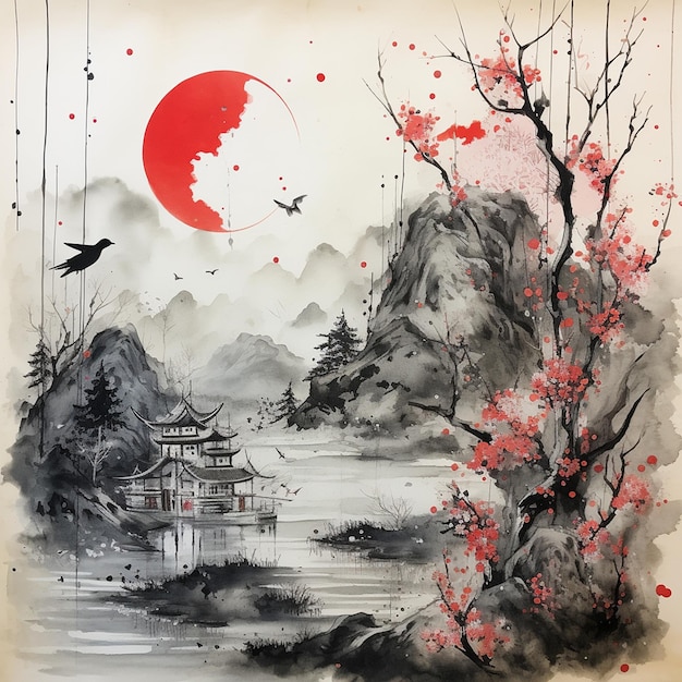 Vector a painting of a cherry blossom tree and a red moon