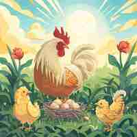 Vector a painting of a chicken and chickens in a field with a sun shining behind them