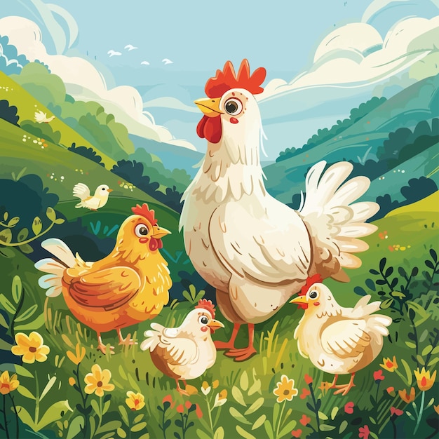 a painting of a chicken and chickens in a field