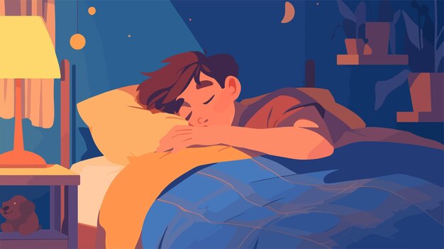 모이에 책과 함께 침대에서 자고 있는 아이의 그림