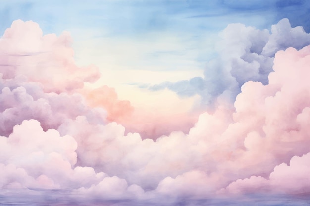 a painting of clouds and the sky with pink and blue colors.