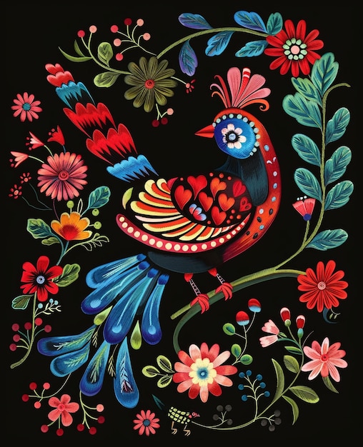 A painting of a colorful bird on a black background