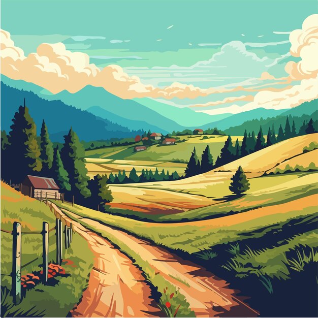 A painting of a country road with mountains in the background.