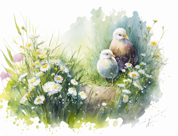 A painting of a couple of birds in a field of daisies.