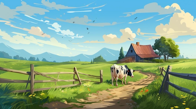 Vector a painting of a cow in a field with a barn in the background