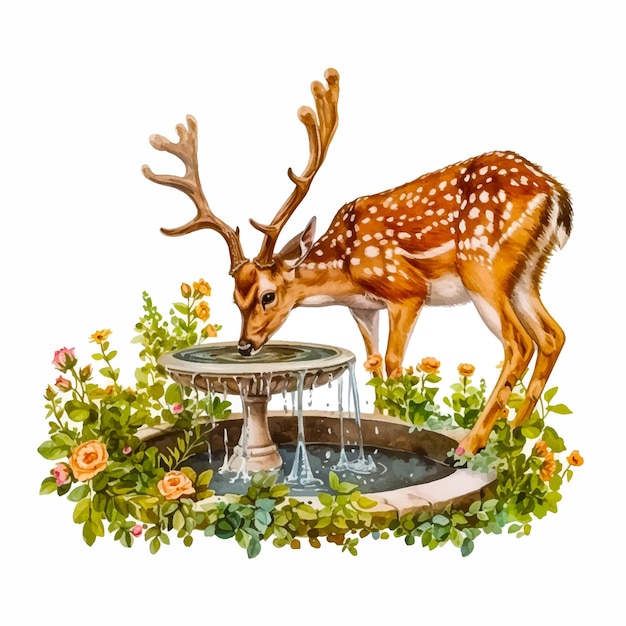 Painting of deer drinking water in the fountain