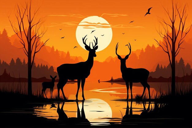 a painting of deers and a sunset with a full moon in the background