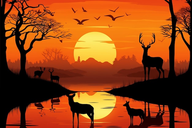 a painting of deers and a sunset with a lake and trees in the background