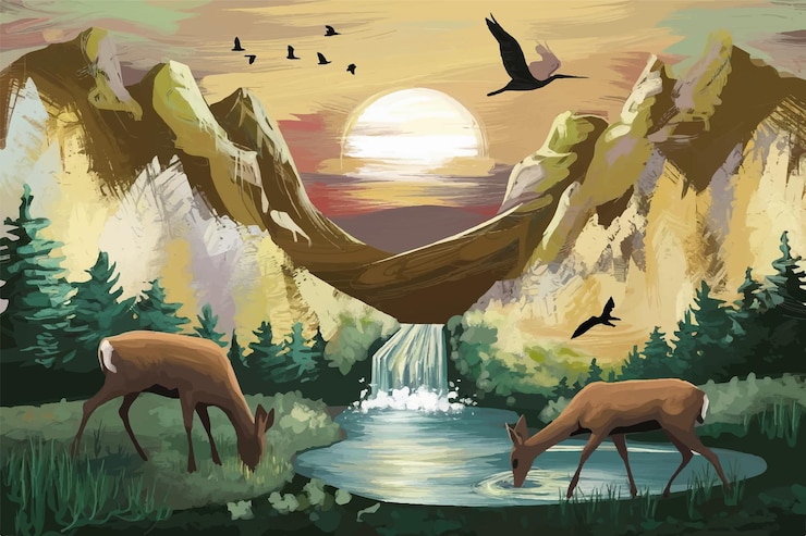 Vector a painting of deers and a waterfall with birds flying over them