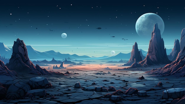 Vector a painting of a desert with mountains and the moon in the background