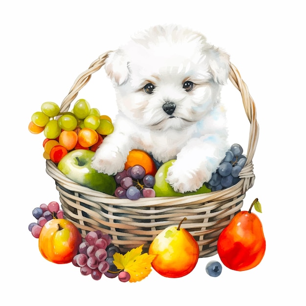 Painting of a dog inside a basket of fruit