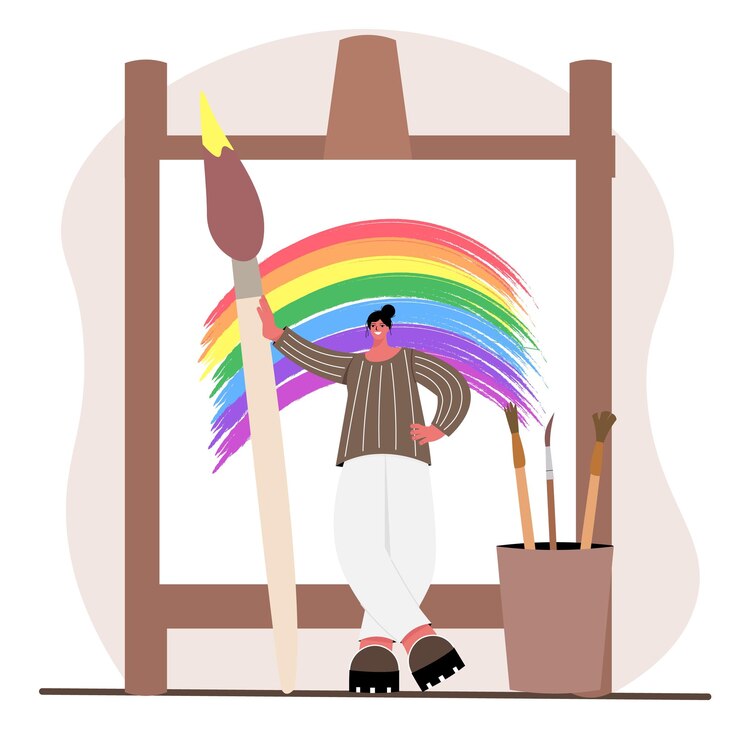 Vector 그림 그리기 및 삽화 개념 웃고 있는 젊은 여성 예술가는 창의적인 벡터 삽화를 느끼는 브러시로 캔버스에 무지개를 그렸습니다.