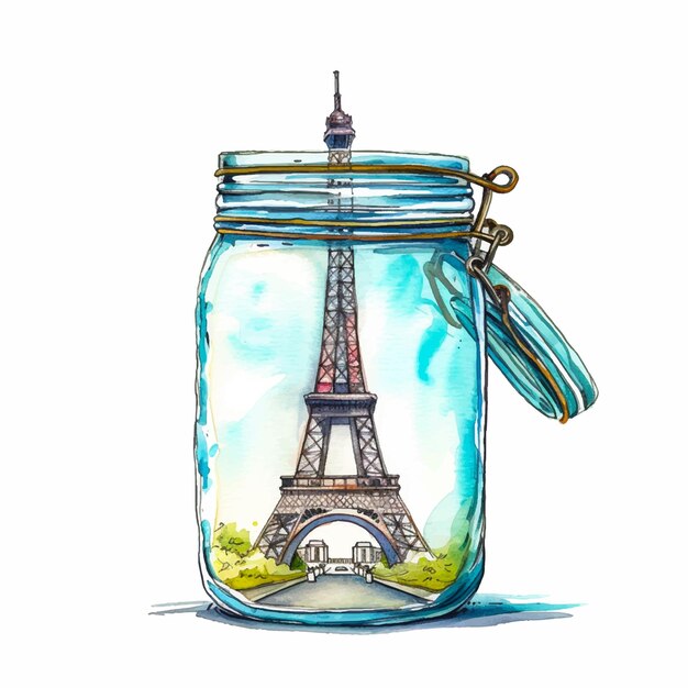 Vector painting of the eiffel tower inside a glass jar
