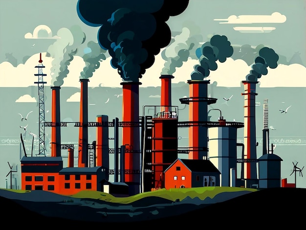 Un dipinto di una fabbrica con fumo che ne esce