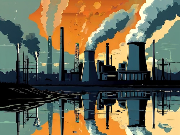 a painting of a factory with smoke coming out of it